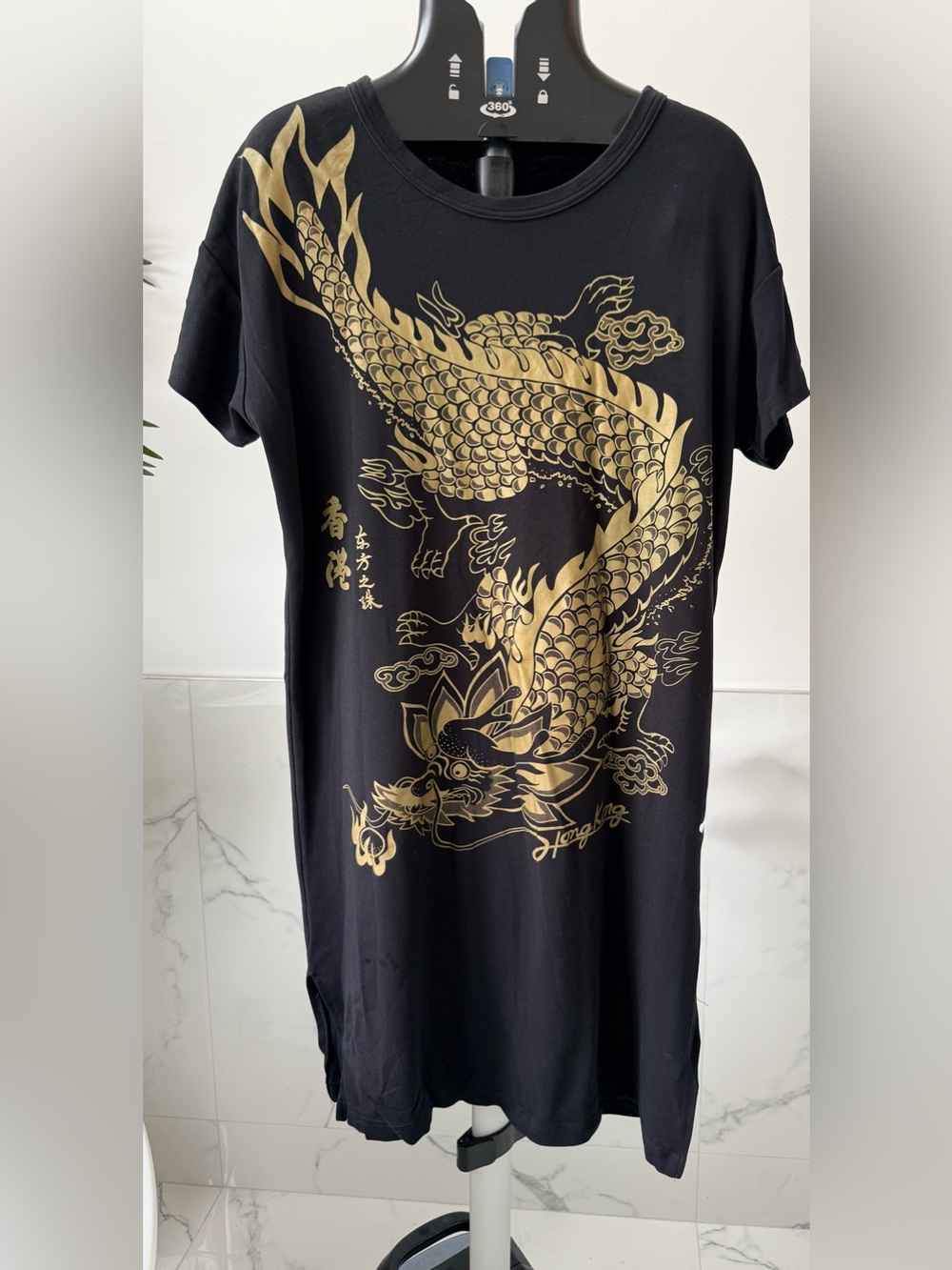 Vintage 90s Rambo Hong Kong Graphic T-Shirt Dress | Gold Metallic Dragon